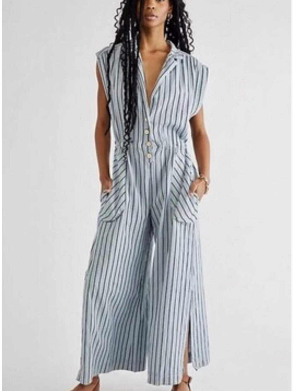 Free People Beach Town One-Piece Jumpsuit Blue Striped Medium NWOT